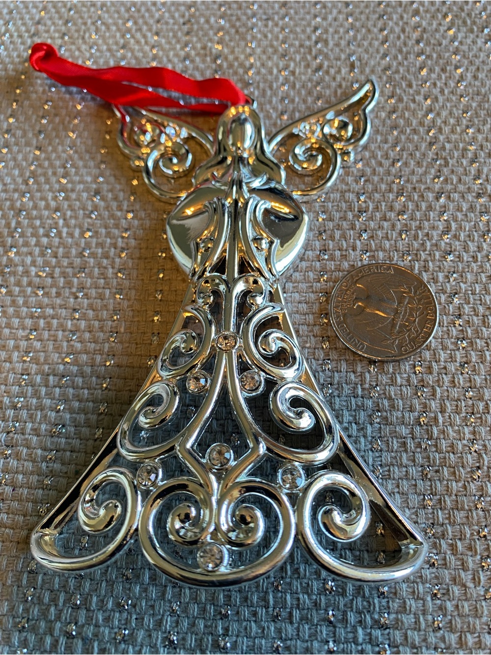 Lenox Silver Tone Angel Ornament with Red Ribbon